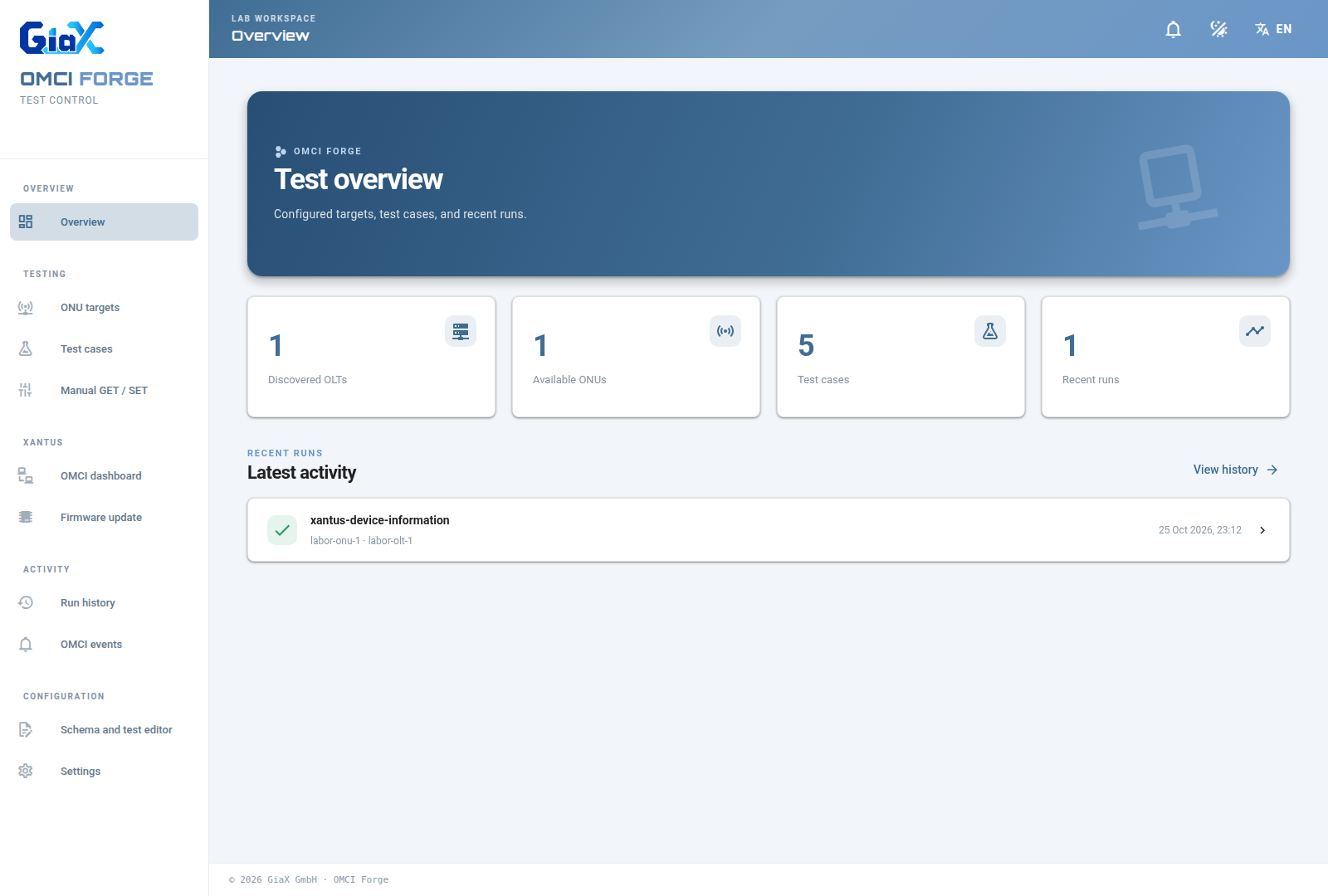 OMCI-Forge-Übersicht mit erkannten Zielgeräten, verfügbaren Testfällen und einem aktuellen Testlauf